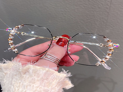 European American Trendy Personalized Metal Flat Glasses Cross Ins Diamond Decorative Glasses Frame Color Changing Anti-blue For